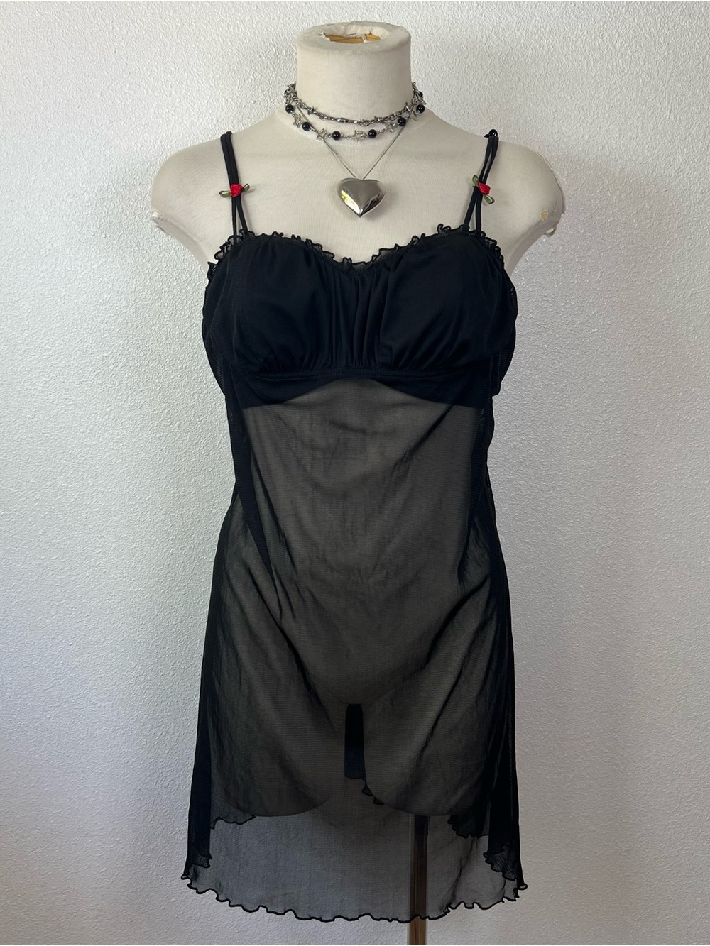 Black Sheer Mesh Chemise Nightdress with Adjustable Straps